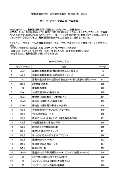 「電気通信研究所　研究実用化報告　別冊第4号(1960年)」に掲載されていたM1ライブラリの目次の写真
